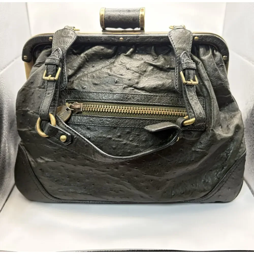 Tracy Reese Ostrich Embossed Leather Doctor‎ Bag Green Frame Satchel Kiss Lock